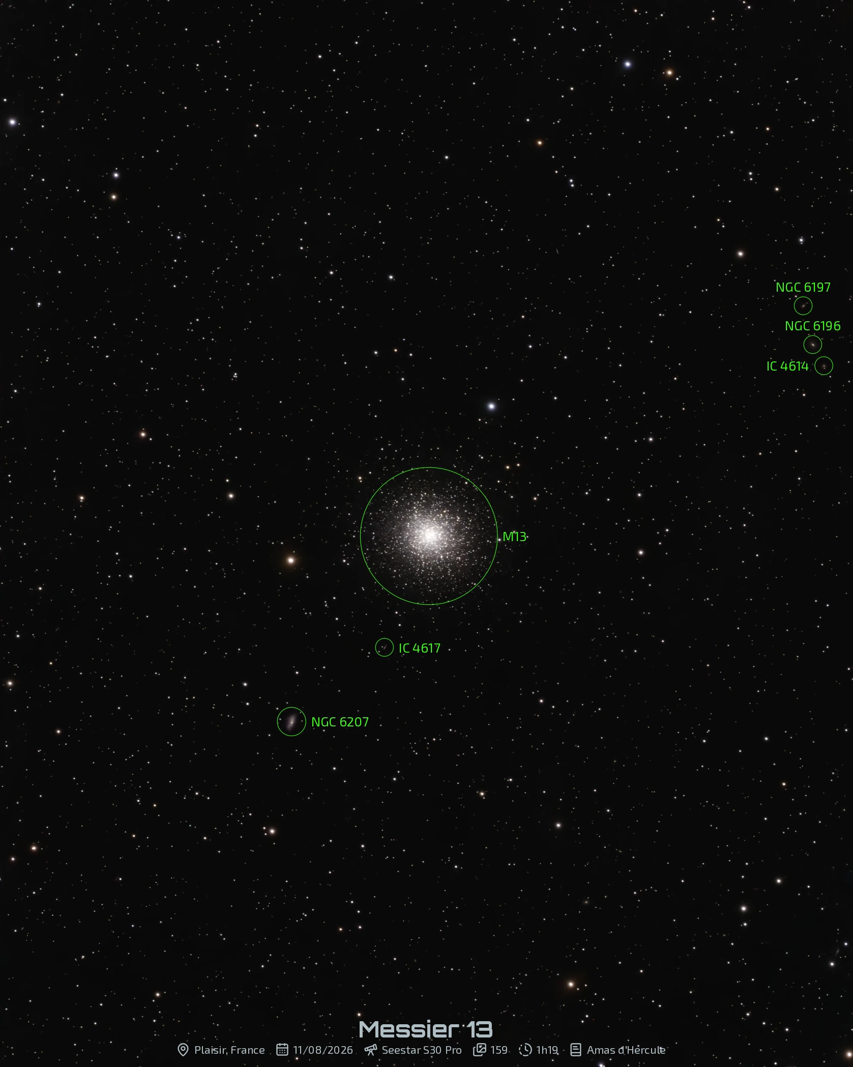 Photo annotée du champ autour de M 13 avec les galaxies d’arrière-plan identifiées