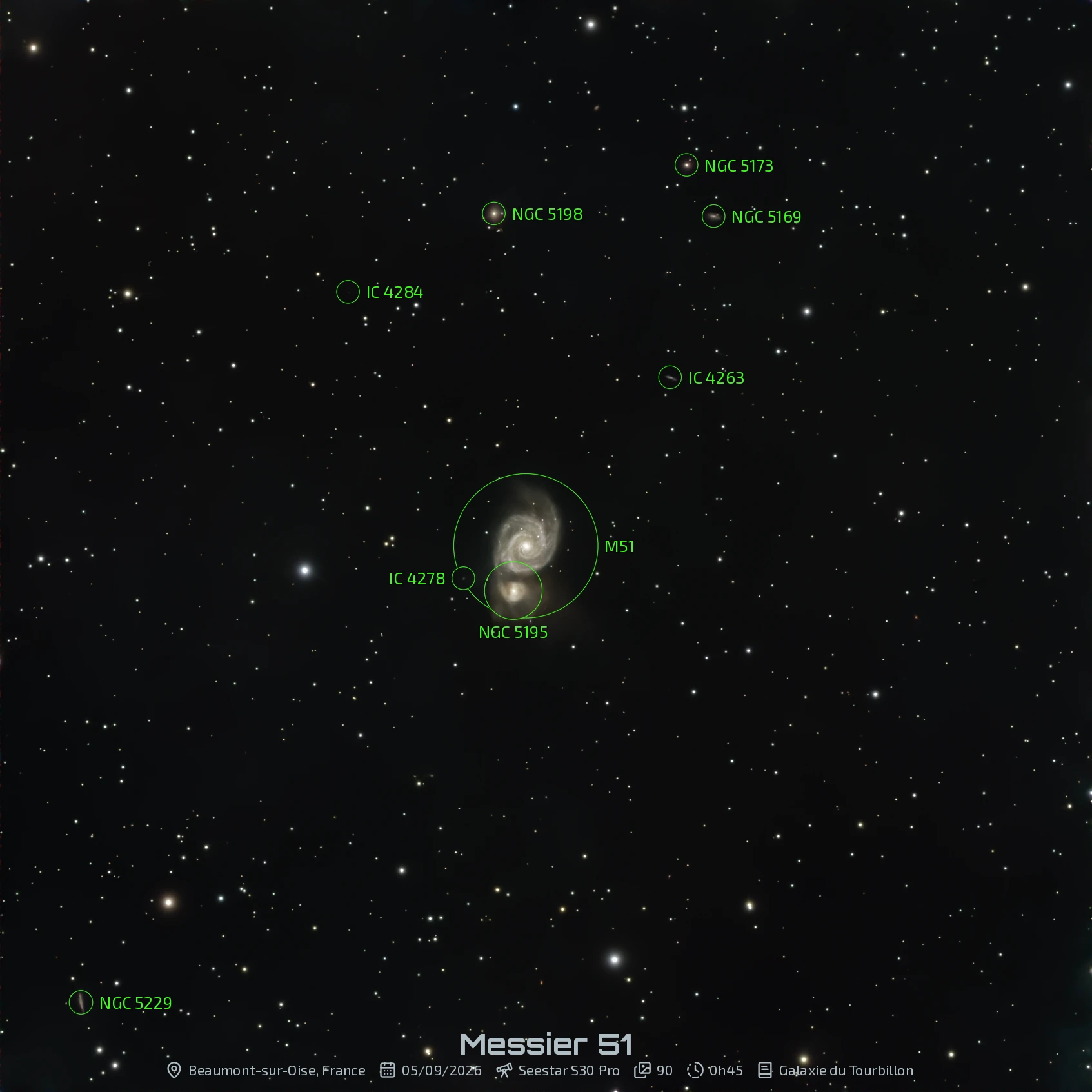 Photo annotée du champ autour de M 51 avec les galaxies d&rsquo;arrière-plan identifiées